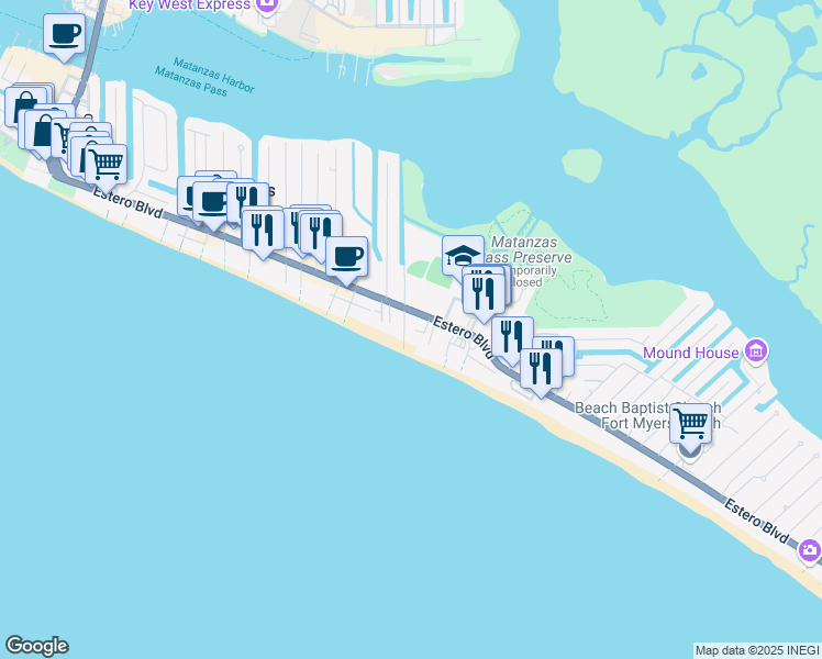 map of restaurants, bars, coffee shops, grocery stores, and more near 50 Gulf Beach Road in Fort Myers Beach