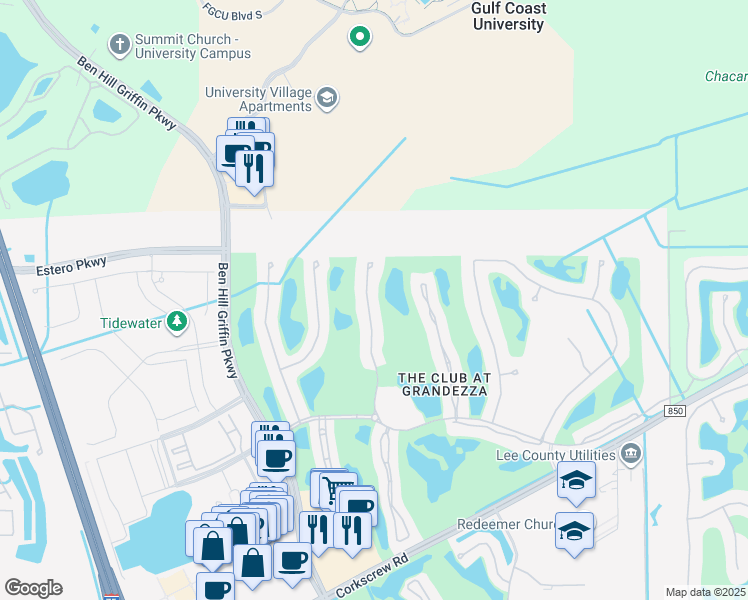 map of restaurants, bars, coffee shops, grocery stores, and more near 20037 Saraceno Drive in Estero