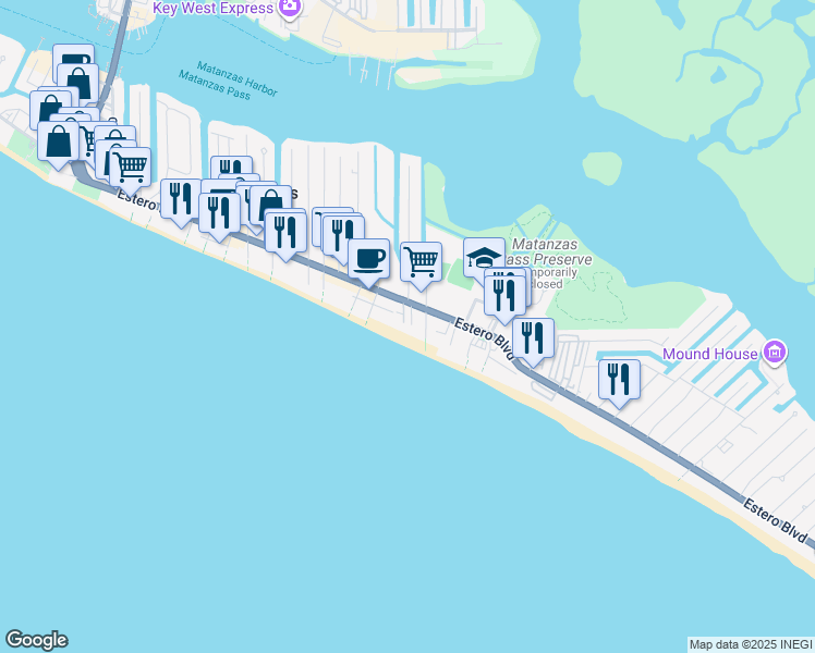 map of restaurants, bars, coffee shops, grocery stores, and more near 2560 Estero Boulevard in Fort Myers Beach