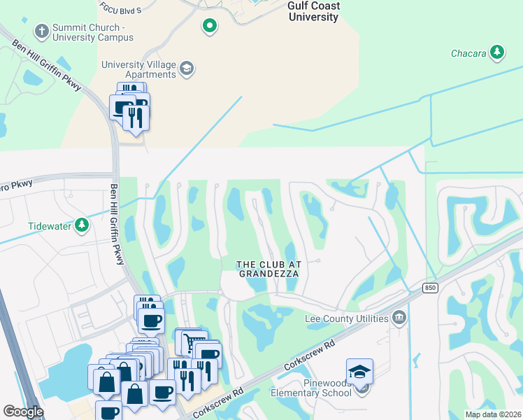 map of restaurants, bars, coffee shops, grocery stores, and more near 20024 Markward Crossing in Estero