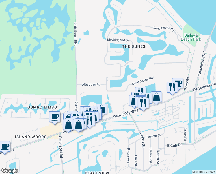 map of restaurants, bars, coffee shops, grocery stores, and more near 1383 Sand Castle Road in Sanibel