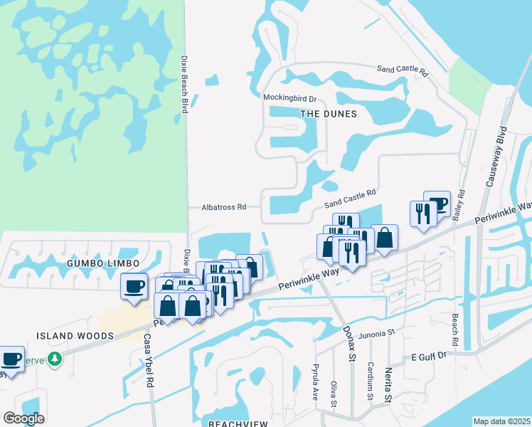 map of restaurants, bars, coffee shops, grocery stores, and more near 1383 Sand Castle Road in Sanibel