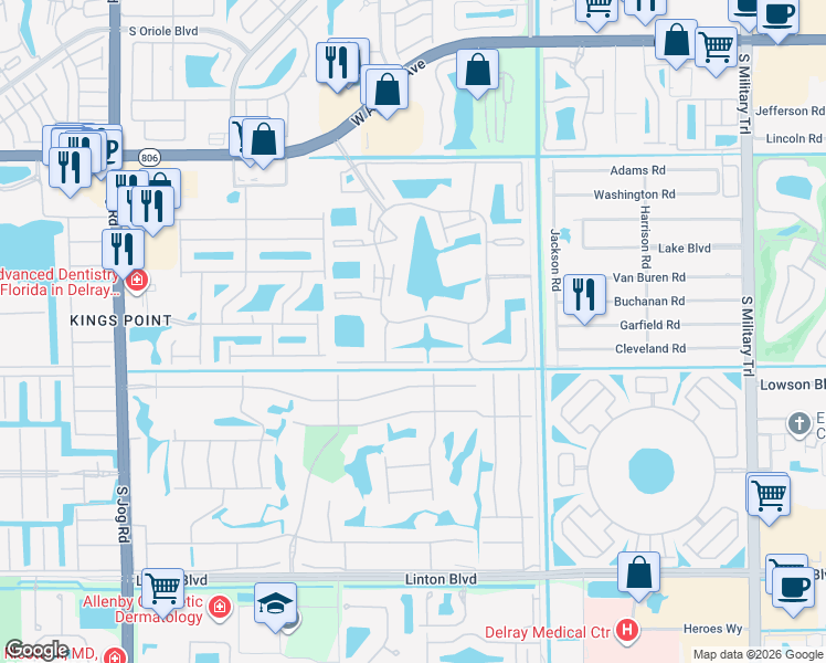 map of restaurants, bars, coffee shops, grocery stores, and more near 15216 Lakes of Delray Boulevard in Delray Beach