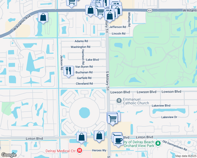 map of restaurants, bars, coffee shops, grocery stores, and more near 5098 Garfield Road in Delray Beach