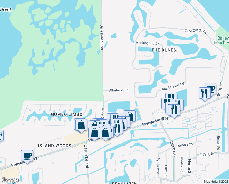 map of restaurants, bars, coffee shops, grocery stores, and more near 1448 Albatross Road in Sanibel