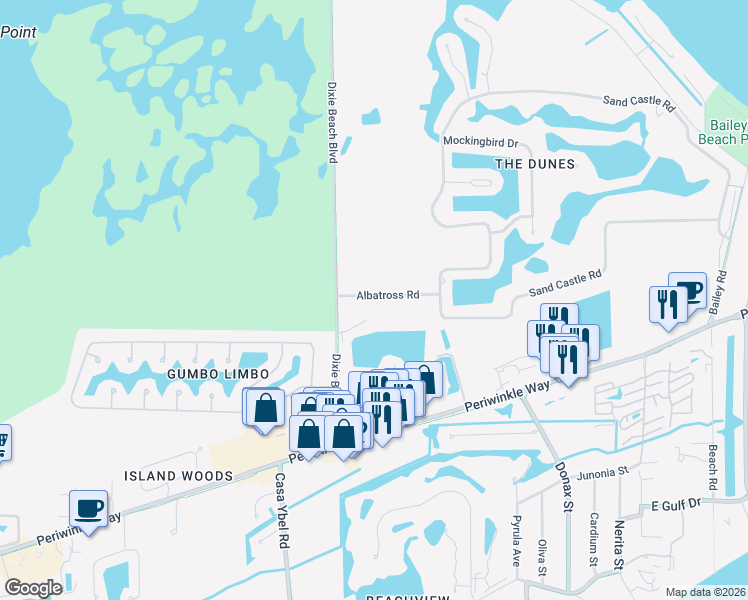 map of restaurants, bars, coffee shops, grocery stores, and more near 1448 Albatross Road in Sanibel