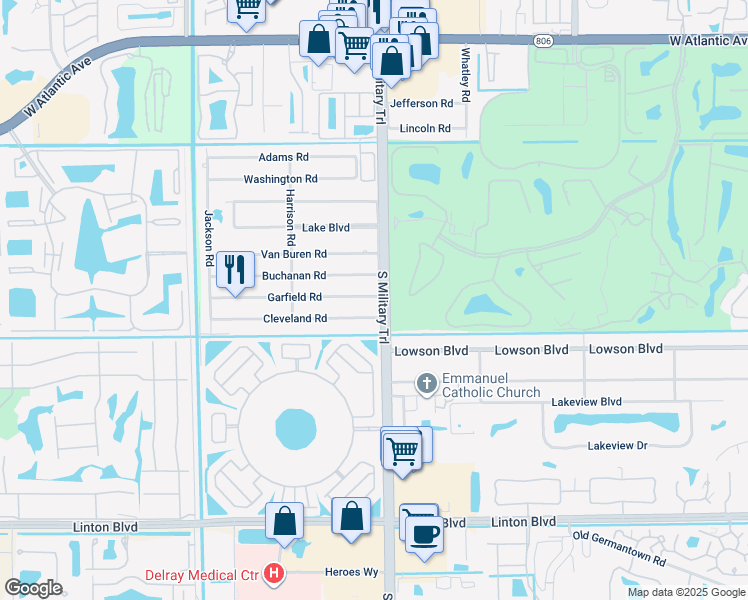 map of restaurants, bars, coffee shops, grocery stores, and more near 15413 Monroe Road in Delray Beach