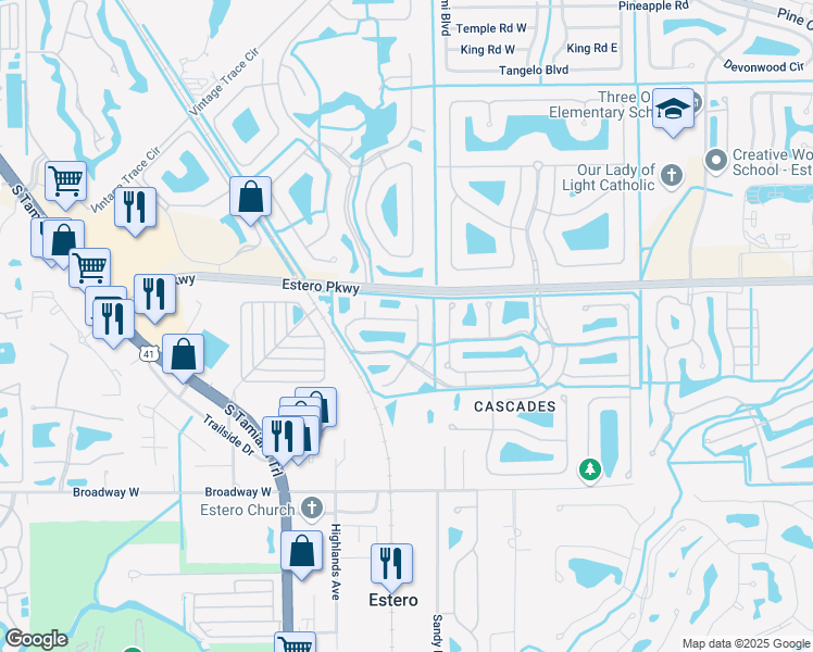 map of restaurants, bars, coffee shops, grocery stores, and more near 20021 Serene Meadow Lane in Estero