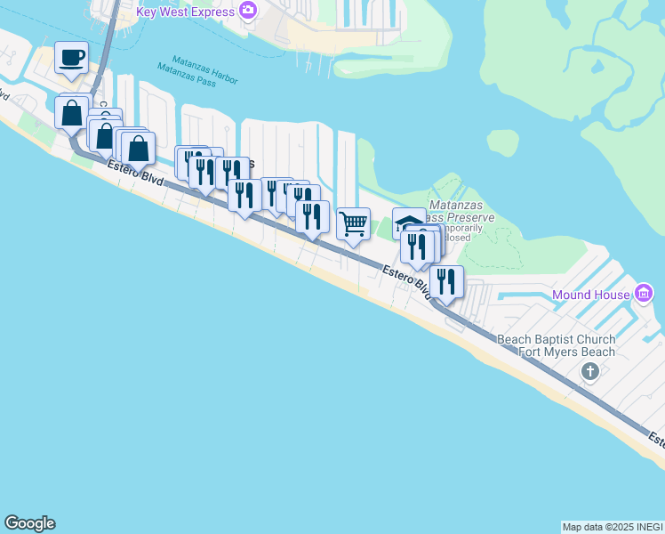 map of restaurants, bars, coffee shops, grocery stores, and more near 2532 Estero Boulevard in Fort Myers Beach