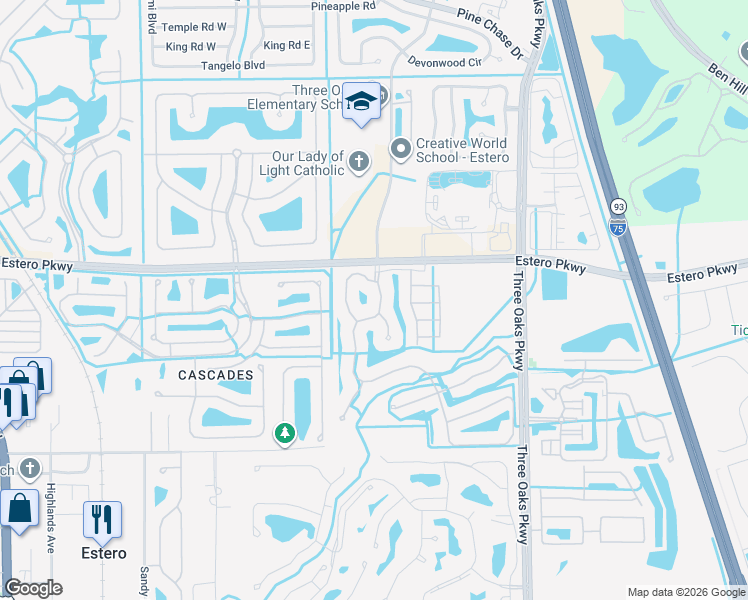 map of restaurants, bars, coffee shops, grocery stores, and more near 20051 Rookery Drive in Estero