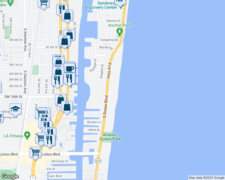 map of restaurants, bars, coffee shops, grocery stores, and more near 941 South Ocean Boulevard in Delray Beach