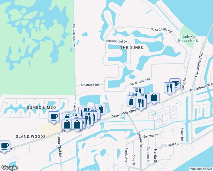 map of restaurants, bars, coffee shops, grocery stores, and more near 1383 Sand Castle Road in Sanibel