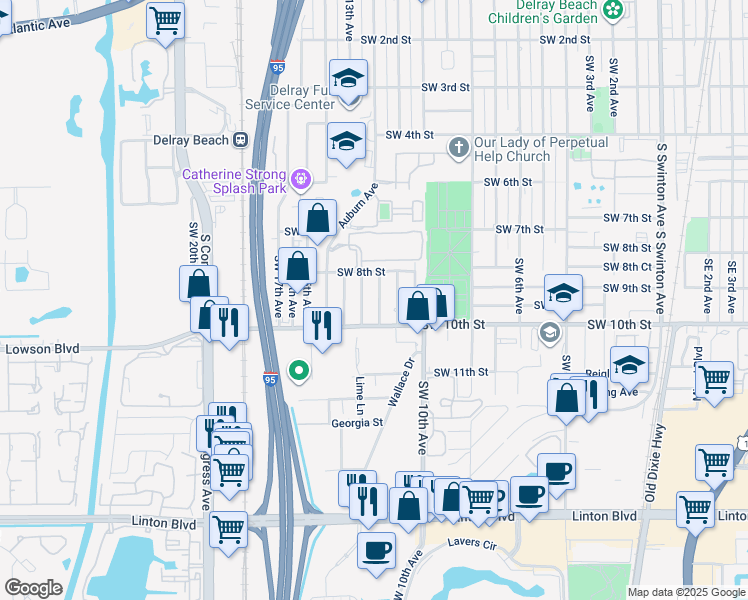 map of restaurants, bars, coffee shops, grocery stores, and more near 913 Southwest 11th Terrace in Delray Beach