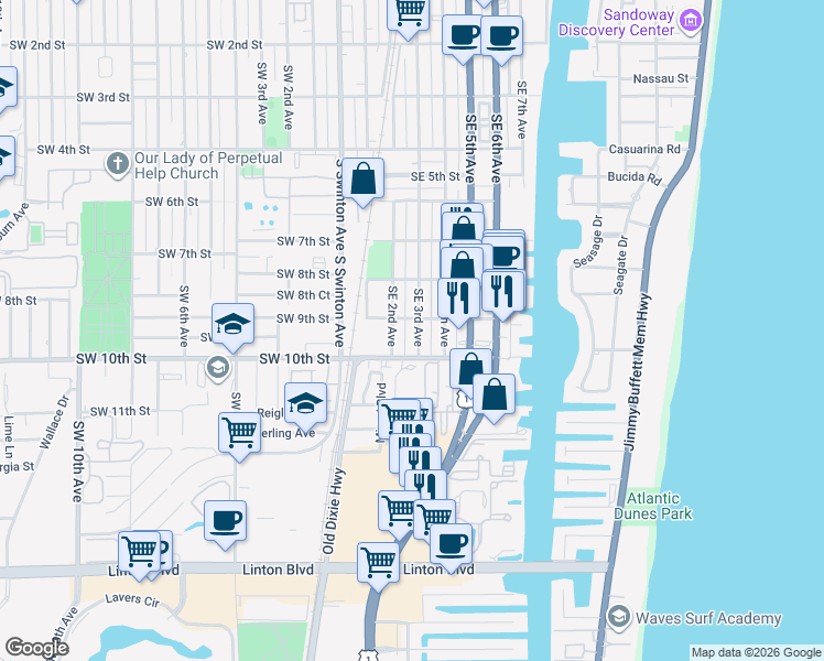 map of restaurants, bars, coffee shops, grocery stores, and more near 910 Southeast 3rd Avenue in Delray Beach