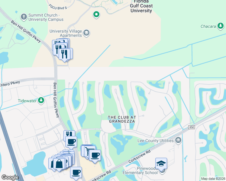 map of restaurants, bars, coffee shops, grocery stores, and more near 20029 Saraceno Drive in Estero