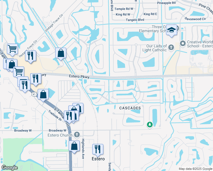 map of restaurants, bars, coffee shops, grocery stores, and more near 20021 Serene Meadow Ln in Estero