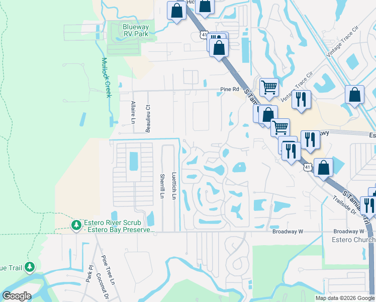 map of restaurants, bars, coffee shops, grocery stores, and more near 20010 Wolfel Trail in Estero