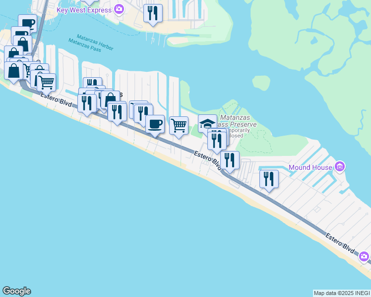 map of restaurants, bars, coffee shops, grocery stores, and more near 2651 Estero Boulevard in Fort Myers Beach
