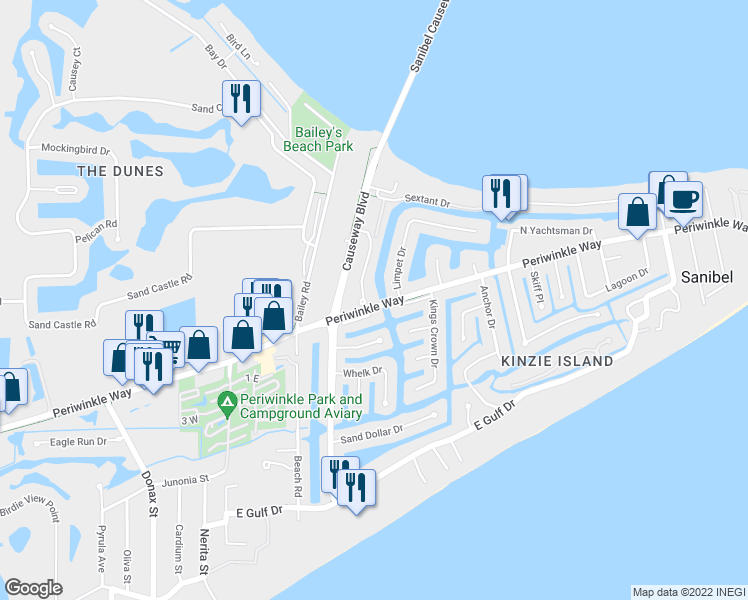 map of restaurants, bars, coffee shops, grocery stores, and more near 1102 Harbour Cottage Court in Sanibel