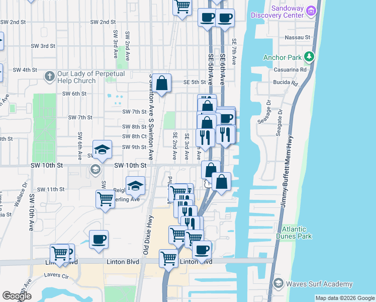 map of restaurants, bars, coffee shops, grocery stores, and more near 910 Southeast 3rd Avenue in Delray Beach