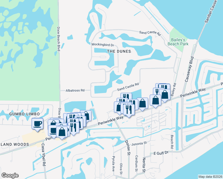 map of restaurants, bars, coffee shops, grocery stores, and more near 1255 Sand Castle Road in Sanibel