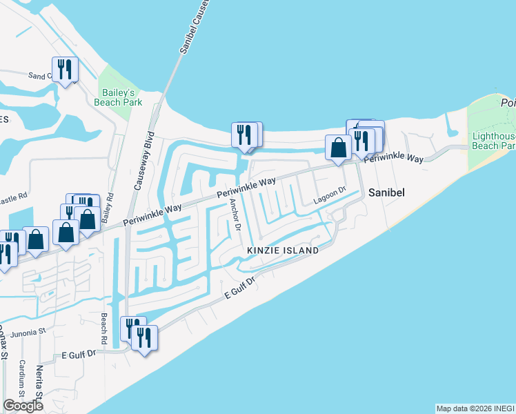 map of restaurants, bars, coffee shops, grocery stores, and more near 1066 South Yachtsman Drive in Sanibel