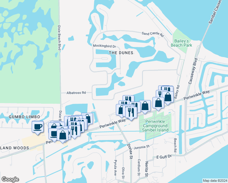 map of restaurants, bars, coffee shops, grocery stores, and more near 1255 Sand Castle Road in Sanibel