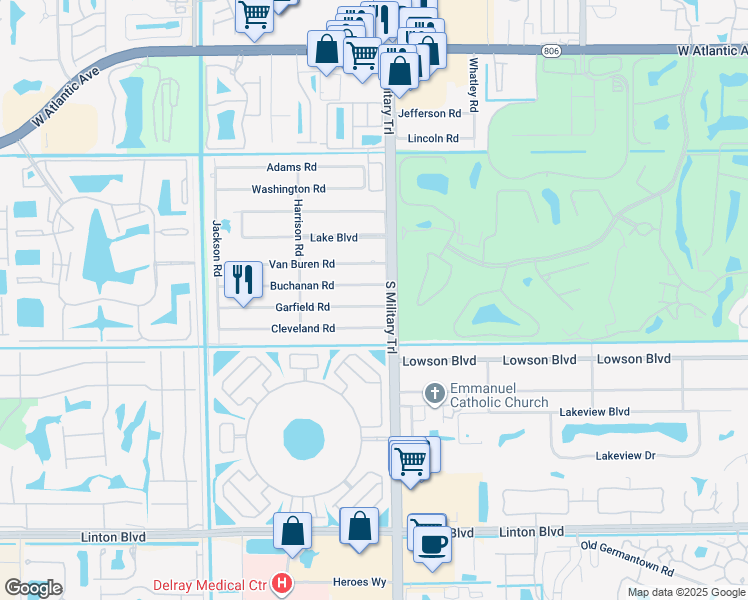 map of restaurants, bars, coffee shops, grocery stores, and more near 15413 Monroe Road in Delray Beach