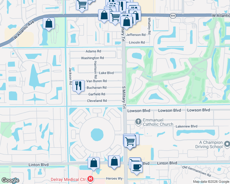 map of restaurants, bars, coffee shops, grocery stores, and more near 5098 Garfield Road in Delray Beach