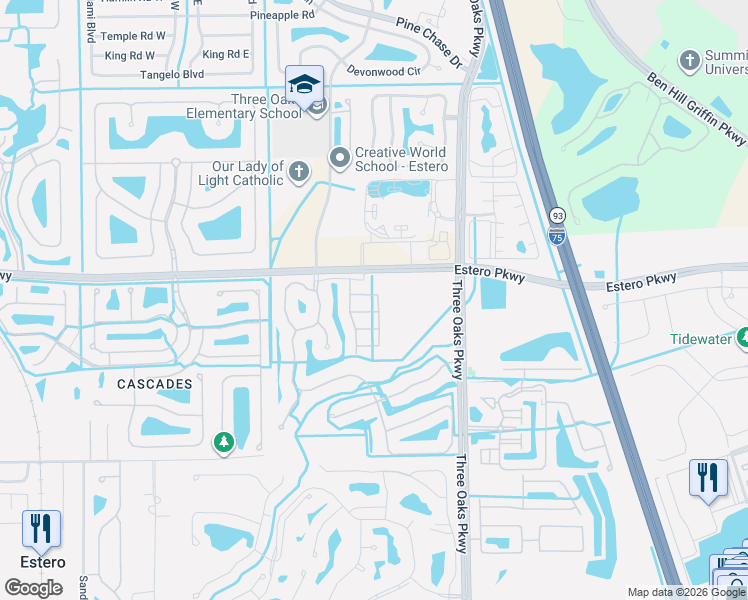 map of restaurants, bars, coffee shops, grocery stores, and more near 9729 Heatherstone River Court in Estero