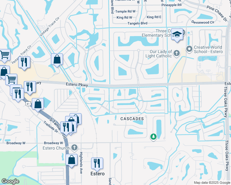 map of restaurants, bars, coffee shops, grocery stores, and more near 9011 Springview Loop in Estero
