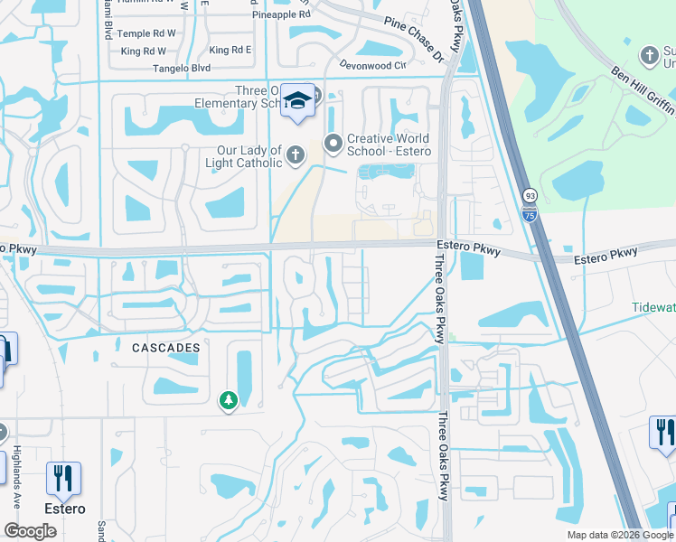 map of restaurants, bars, coffee shops, grocery stores, and more near 20012 Heatherstone Way in Estero