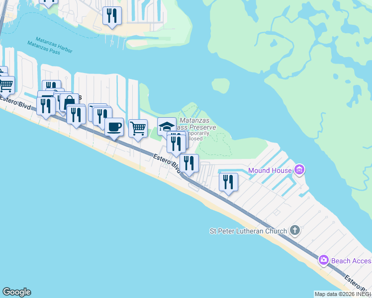 map of restaurants, bars, coffee shops, grocery stores, and more near 240 Nature View Court in Fort Myers Beach