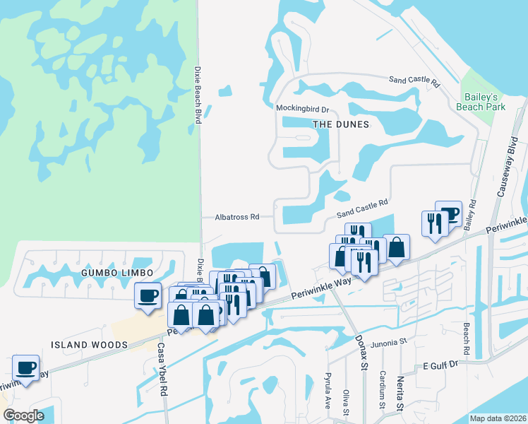 map of restaurants, bars, coffee shops, grocery stores, and more near 1383 Sand Castle Road in Sanibel