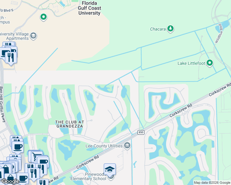 map of restaurants, bars, coffee shops, grocery stores, and more near 20016 Oak Fairways Court in Estero