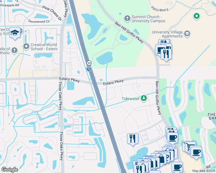 map of restaurants, bars, coffee shops, grocery stores, and more near 10572 Otter Key Lane in Estero