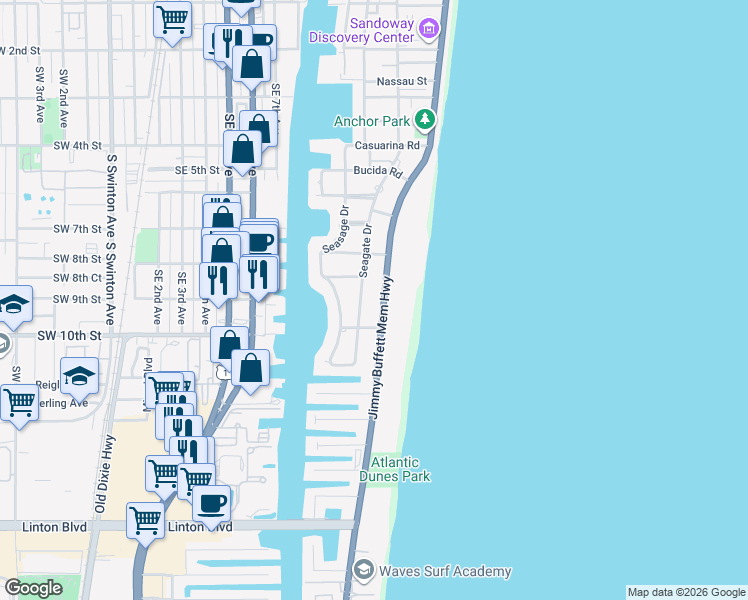 map of restaurants, bars, coffee shops, grocery stores, and more near 941 South Ocean Boulevard in Delray Beach