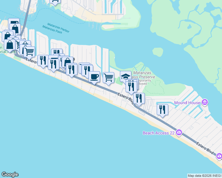 map of restaurants, bars, coffee shops, grocery stores, and more near 2580 Estero Boulevard in Fort Myers Beach