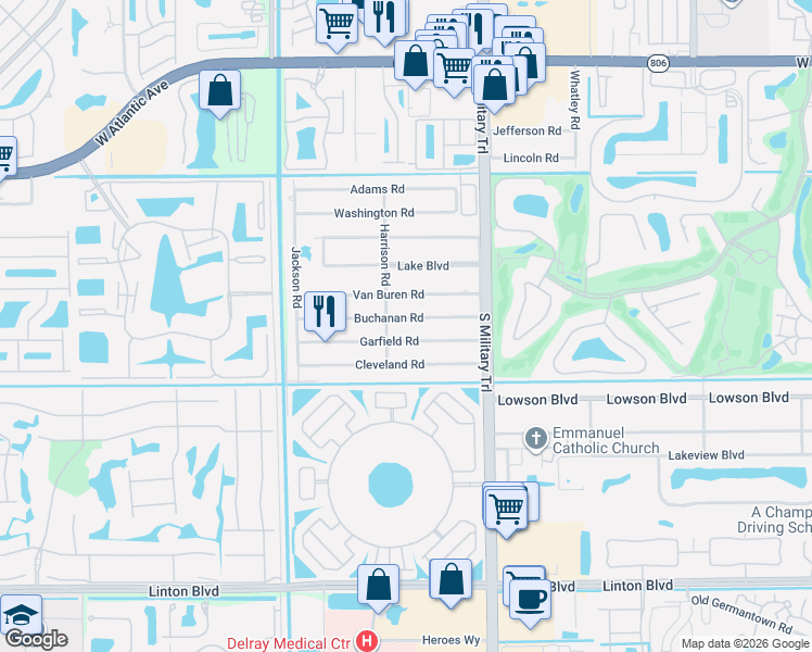 map of restaurants, bars, coffee shops, grocery stores, and more near 5104 Buchanan Road in Delray Beach