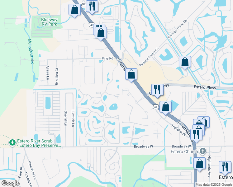 map of restaurants, bars, coffee shops, grocery stores, and more near 4040 Durango Court in Estero