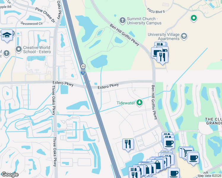 map of restaurants, bars, coffee shops, grocery stores, and more near 10572 Otter Key Lane in Estero