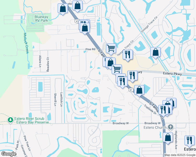 map of restaurants, bars, coffee shops, grocery stores, and more near 4040 Durango Court in Estero