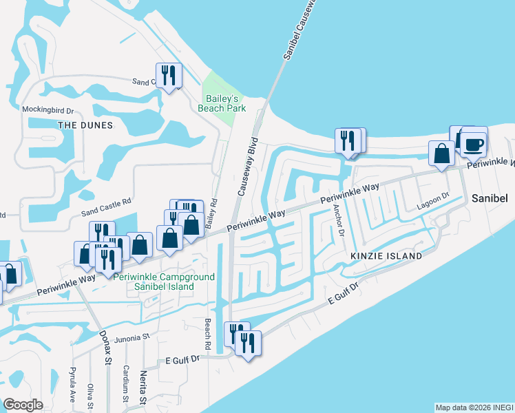 map of restaurants, bars, coffee shops, grocery stores, and more near 1102 Harbour Cottage Court in Sanibel