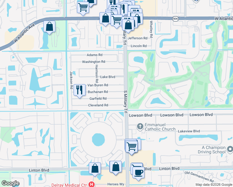 map of restaurants, bars, coffee shops, grocery stores, and more near 5098 Garfield Road in Delray Beach