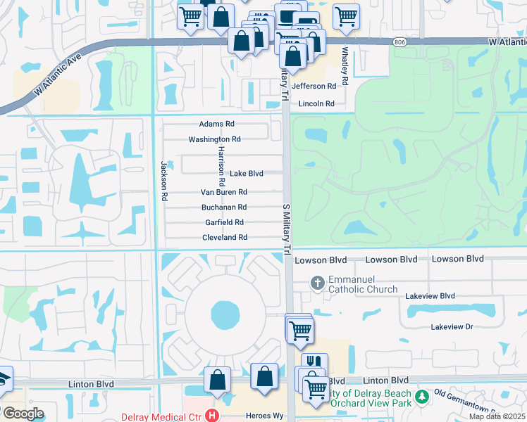 map of restaurants, bars, coffee shops, grocery stores, and more near 5098 Garfield Road in Delray Beach