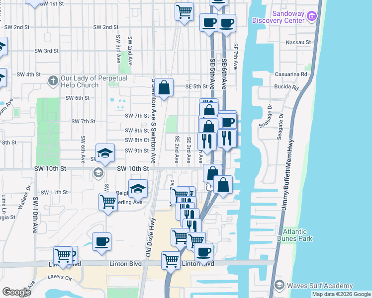 map of restaurants, bars, coffee shops, grocery stores, and more near 910 Southeast 3rd Avenue in Delray Beach