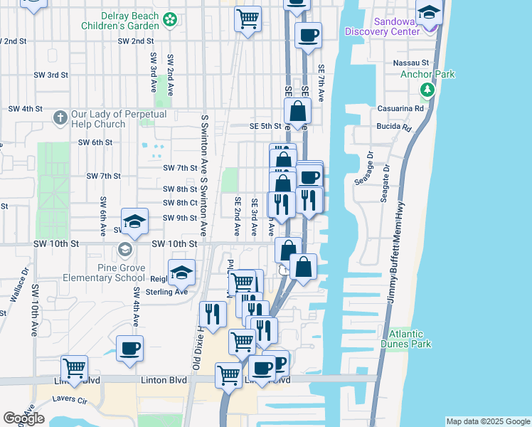 map of restaurants, bars, coffee shops, grocery stores, and more near 832 Southeast 4th Avenue in Delray Beach