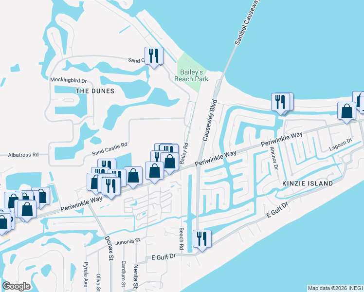 map of restaurants, bars, coffee shops, grocery stores, and more near 17 Bailey Road in Sanibel