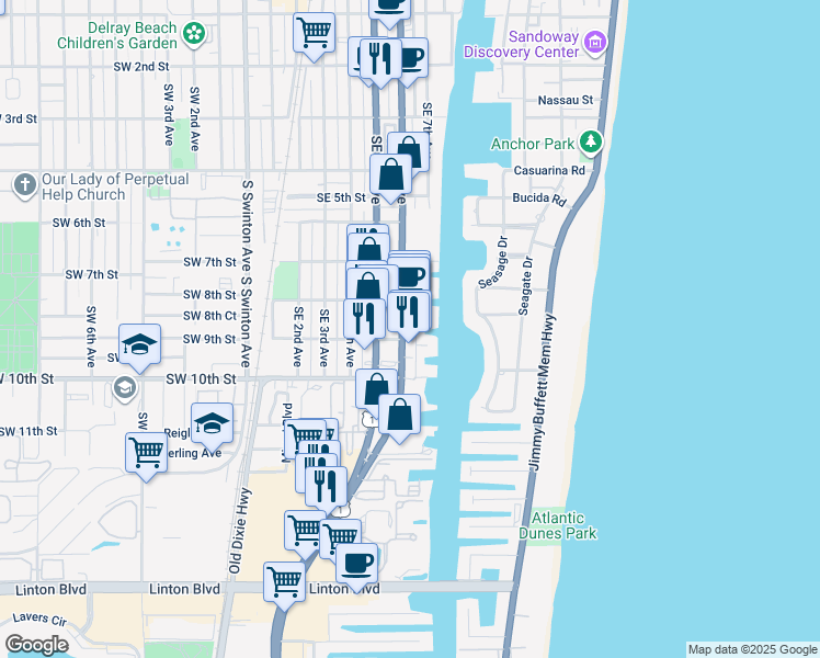 map of restaurants, bars, coffee shops, grocery stores, and more near 551 Southeast 5th Avenue in Delray Beach