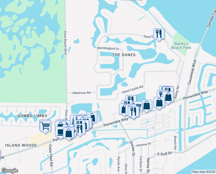 map of restaurants, bars, coffee shops, grocery stores, and more near 1458 Sand Castle Road in Sanibel